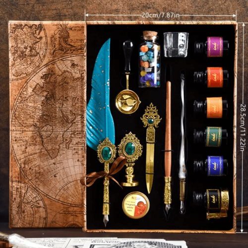 Feather Pen Calligraphy Ink Set – Personalized Gift Box, Medium Point, Metal Body, Round Shape, Mechanical Gear, Steampunk Design, Dip Pen for Writing, Drawing, Signing, Retro Decoration, and Unique Gifts