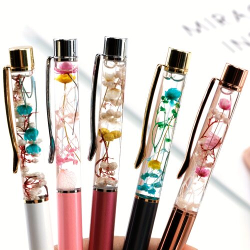 Dried Flower Ballpoint Pens – 5 Pack Metal Twist Pens with Medium Point and Round Body, Blue Ink Writing Pens for Ages 14+ School and Desk Supplies
