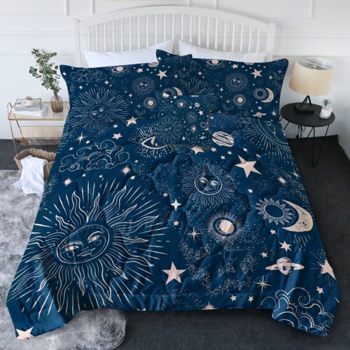 4-Piece Celestial Comforter Set – Soft Quilted Bedding with Vibrant Sun, Moon, and Star Pattern – Boho Mandala Design, Blue Color, Comfortable and Cozy for a Relaxing Sleep Experience
