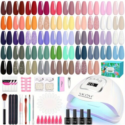 48 Colors Gel Polish Set with 36W Nail Light Curing Lamp – Lead-Free, Unscented, Soak-Off Base Coat & Top Coat – DIY Gel Nail Kit for Beginners at Home with Manicure Tools – vicovi Gel Nail Set